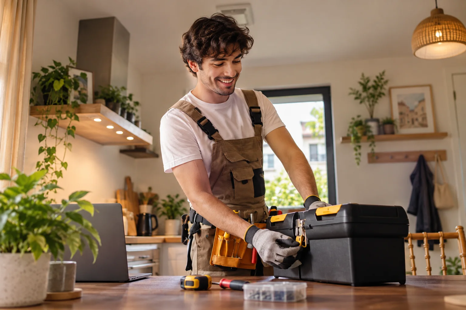 Handyman preparing tools for work in a home